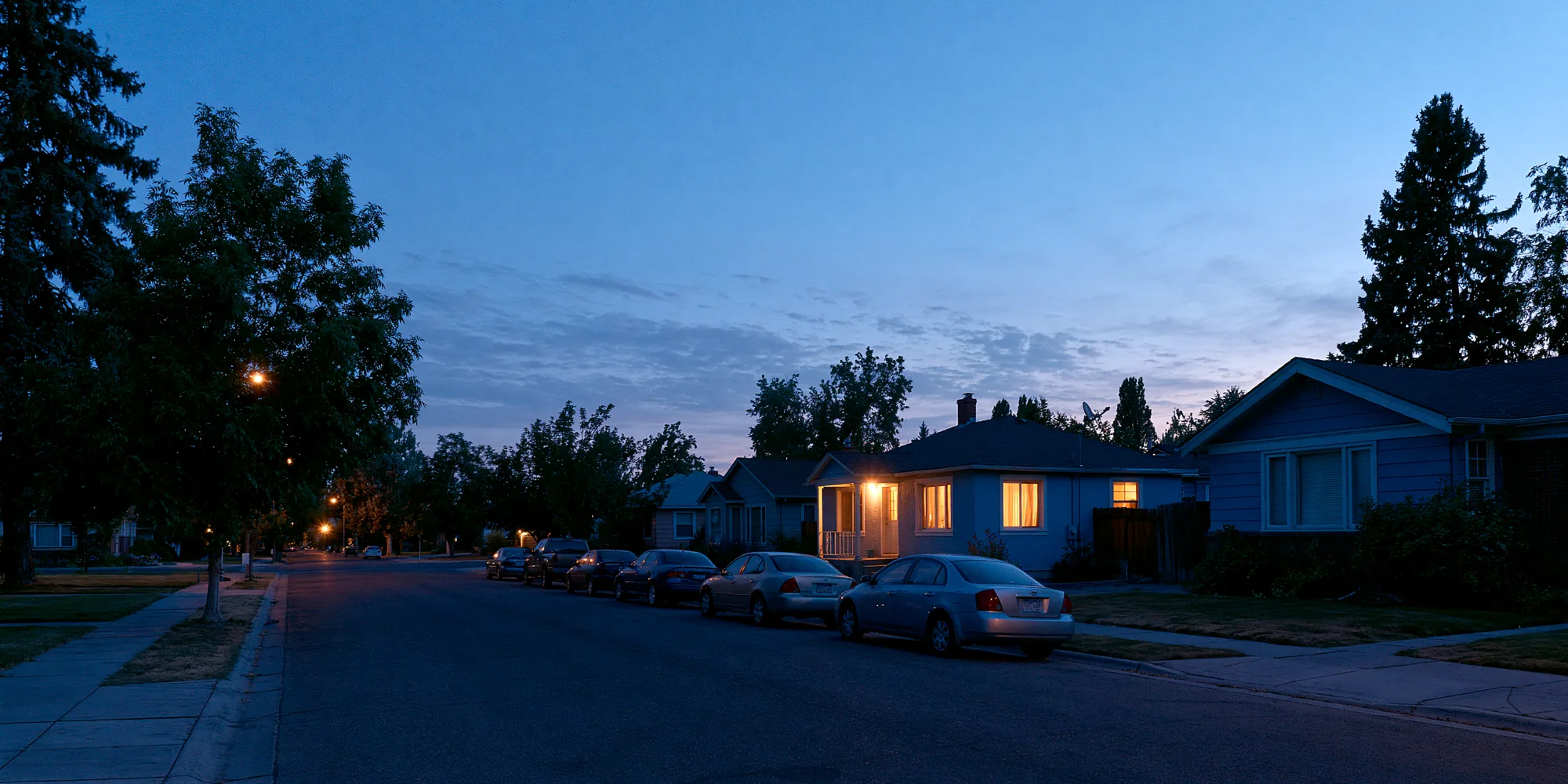 A quiet residential street of small homes at dusk, one home glowing warmly from within